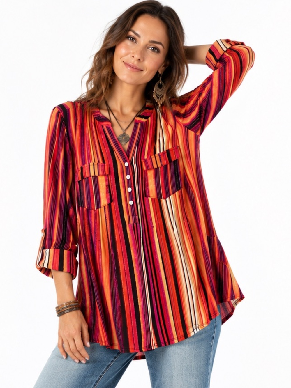 Cocomo L women's multicolor striped button-down tunic blouse boho fluid pleated